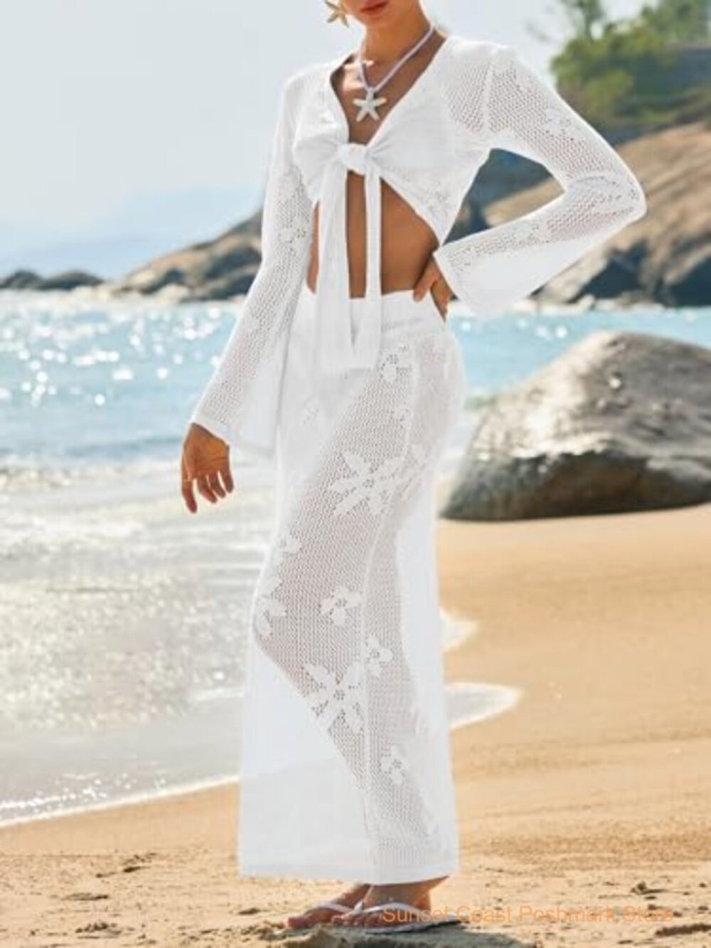 Crochet Swim Cover Up Set V Neck Long Sleeve Wrap Tie Beach - Picture 3 of 7